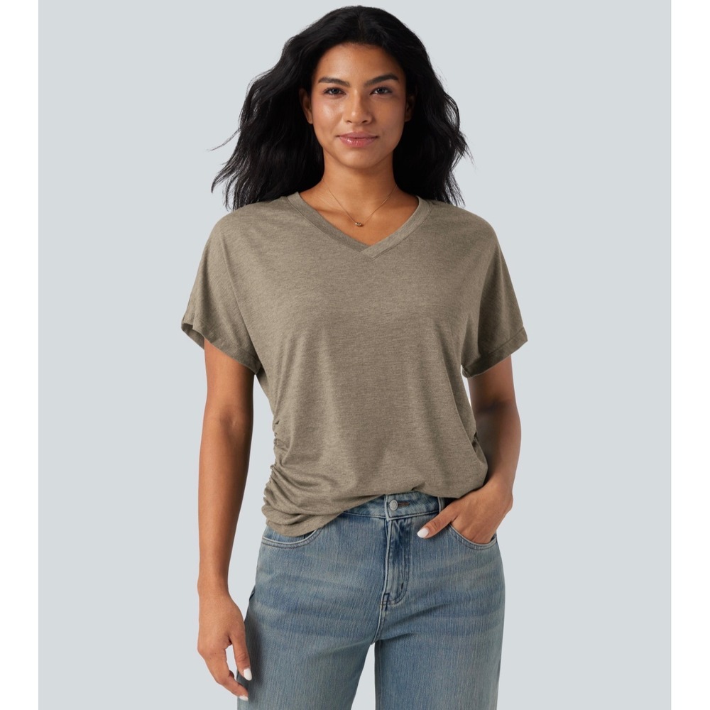 Halara XL Women Olive Green Ruched Side V-Neck Short Sleeve Relaxed Casual Top